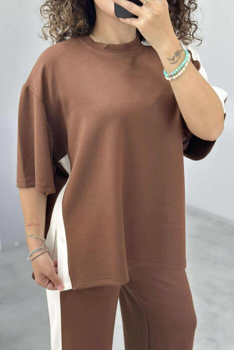 T-SHIRT+TROUSERS SIMPLE STRIPED WOMEN SET BROWN/KAFE - 5
