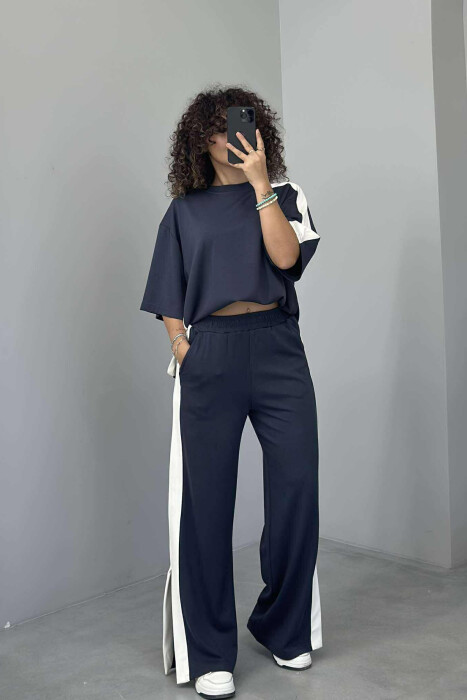 T-SHIRT+TROUSERS SIMPLE STRIPED WOMEN SET DARK GREY/GEE - KLAUDIO FASHION
