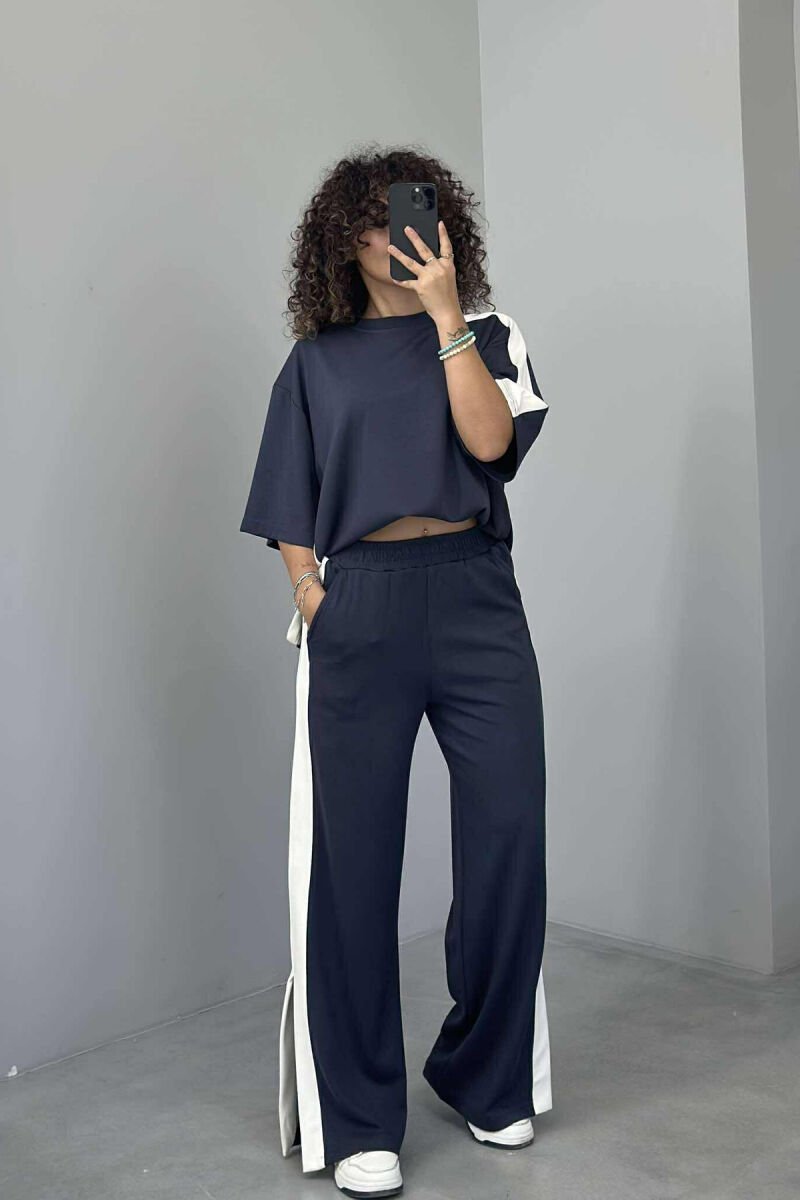 T-SHIRT+TROUSERS SIMPLE STRIPED WOMEN SET DARK GREY/GEE - 1