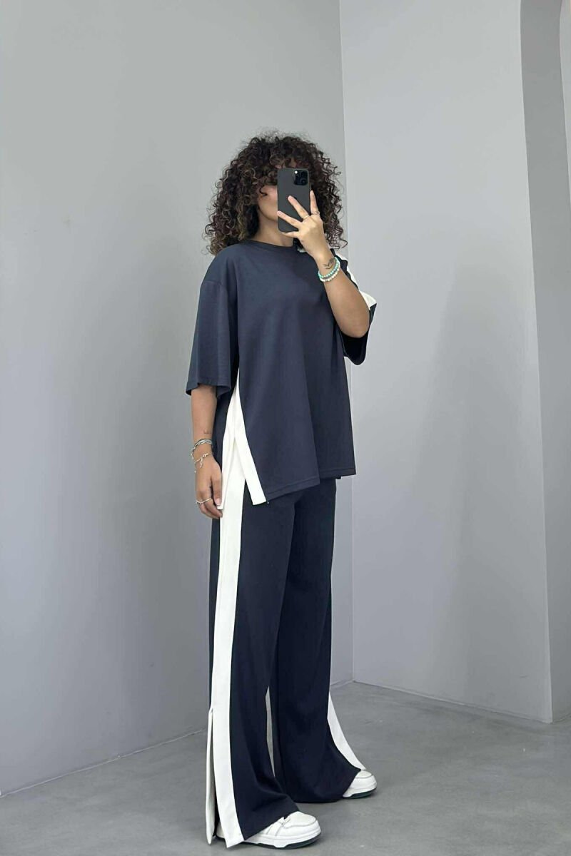 T-SHIRT+TROUSERS SIMPLE STRIPED WOMEN SET DARK GREY/GEE - 3