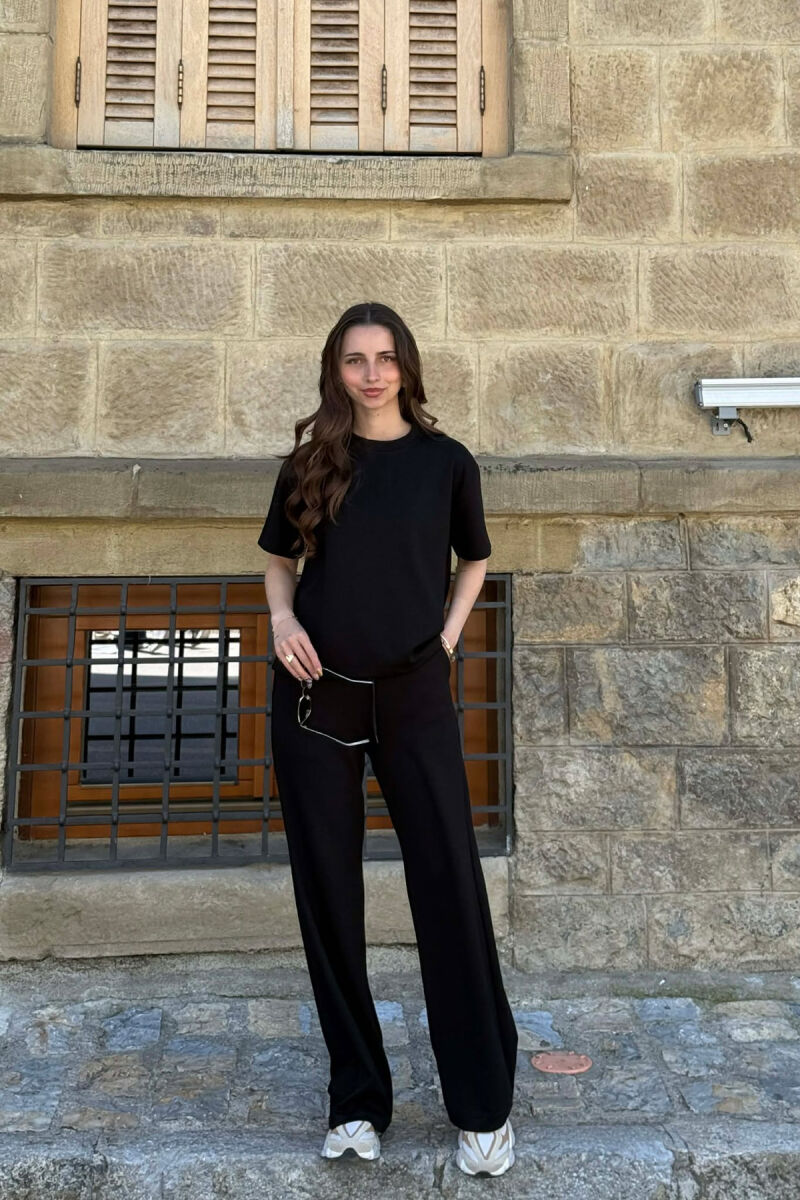 T-SHIRT+TUTA TË GJERA NJË NGJYRËSHE PËR FEMRA NË NGJYRËN E ZEZË - 2