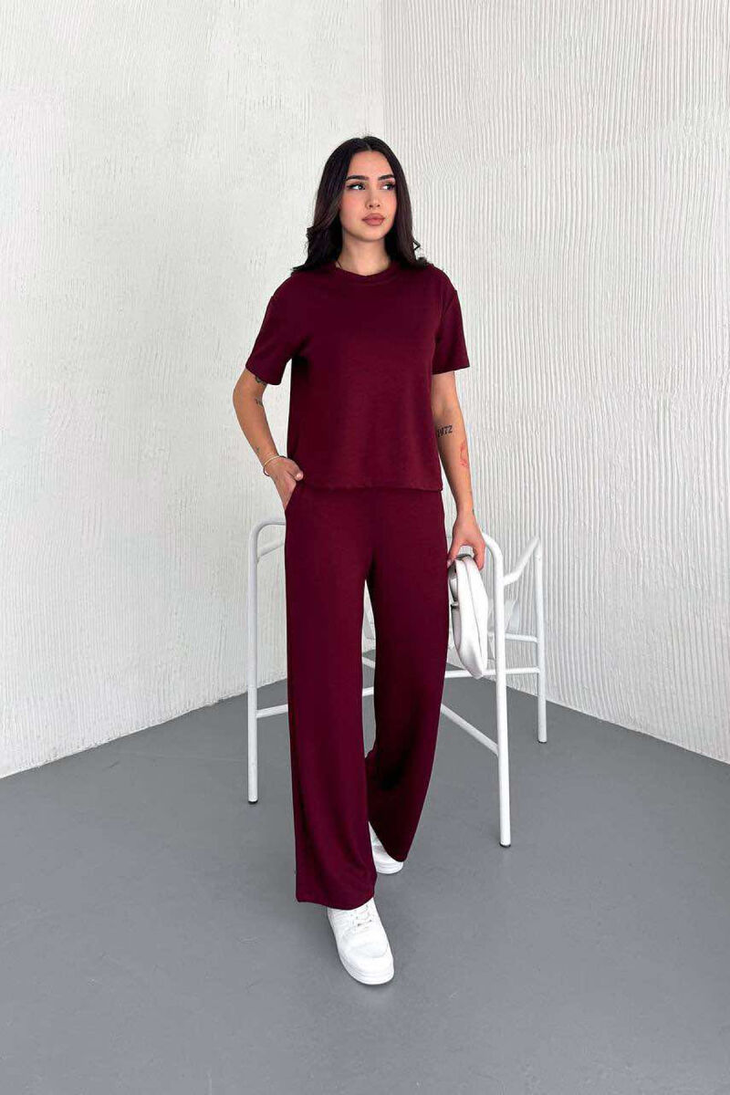 T-SHIRT+TUTA TË GJERA NJË NGJYRËSHE PËR FEMRA NË NGJYRËN VISHNJË - 1