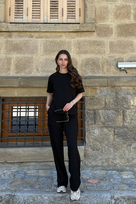 T-SHIRT+TUTA TË GJERA NJË NGJYRËSHE PËR FEMRA NË NGJYRËN E ZEZË - KLAUDIO FASHION