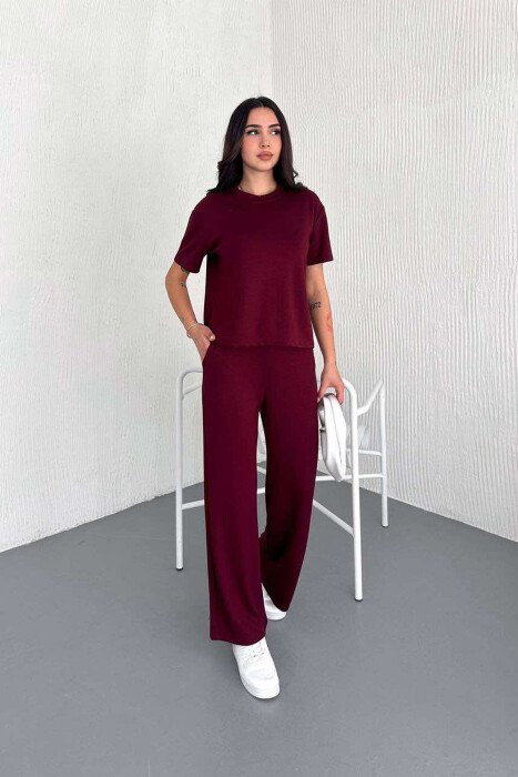 T-SHIRT+WIDE LEG SWEATPANTS ONE COLOR WOMEN SET BURGUNDY/VISHNJE 