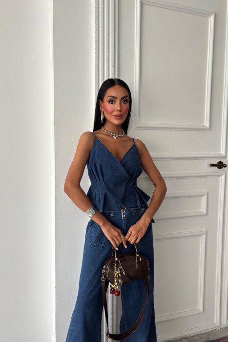 TANK TOP+JEANS BELT DETAIL WOMEN SET BLUE/BLU - 4