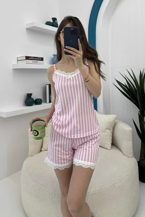 PIZHAMA ME VIJA KANATIERE+PANTALLONA TË SHKURTRA PËR FEMRA NË NGJYRËN ROZË - KLAUDIO FASHION