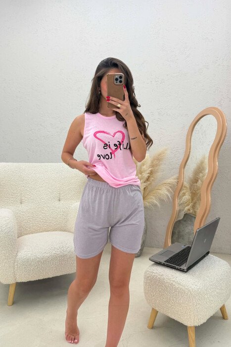 TANK TOP+SHORTS WRITTINGS HEART WOMEN PYJAMAS PINK/ROZE - 2
