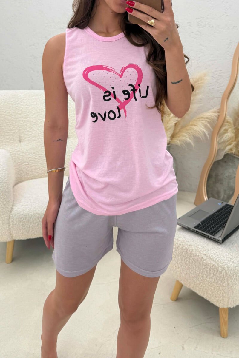 TANK TOP+SHORTS WRITTINGS HEART WOMEN PYJAMAS PINK/ROZE - 4