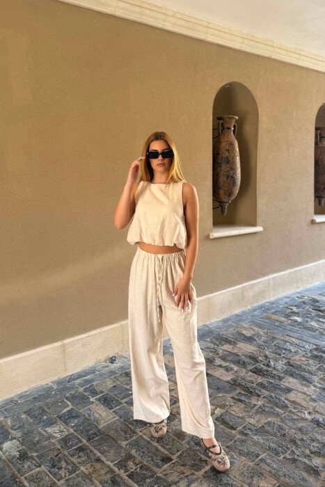 TANK TOP+TROUSERS BACK ZIPPER DETAIL WOMEN SET CREAM/KREM - KLAUDIO FASHION