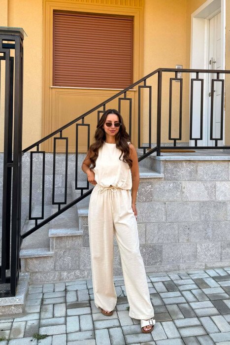 TANK TOP+TROUSERS BACK ZIPPER DETAIL WOMEN SET CREAM/KREM - KLAUDIO FASHION