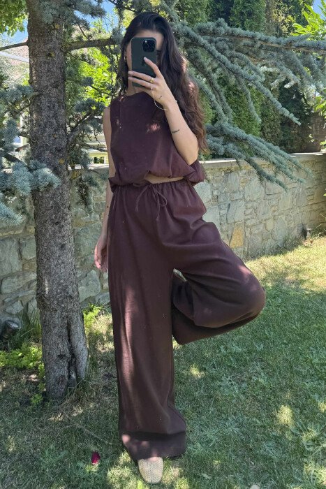 TANK TOP+TROUSERS BACK ZIPPER DETAIL WOMEN SET DARK BROWN/KAE - 2