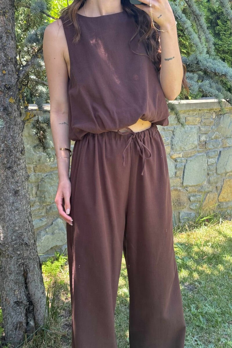 TANK TOP+TROUSERS BACK ZIPPER DETAIL WOMEN SET DARK BROWN/KAE - 4