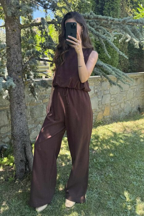 TANK TOP+TROUSERS BACK ZIPPER DETAIL WOMEN SET DARK BROWN/KAE - 5