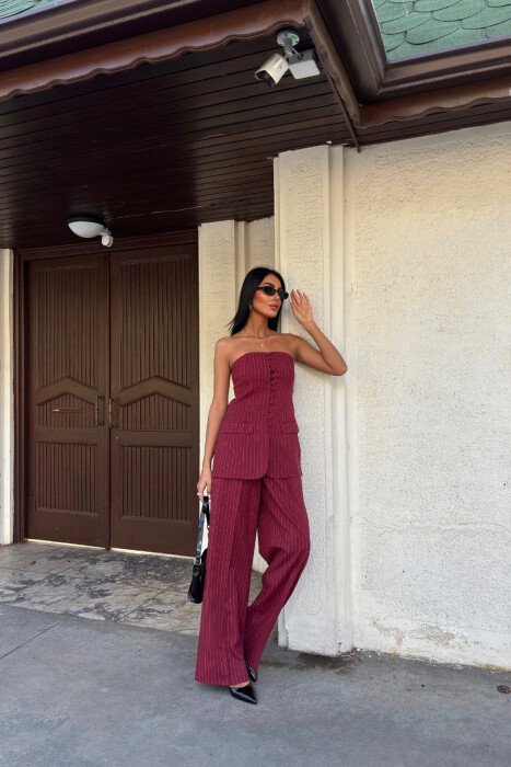 SET ME VIJA ME DETAJIN E KOPSAVE KANATIERE+PANTALLONA PËR FEMRA NË NGJYRËN VISHNJË - KLAUDIO FASHION