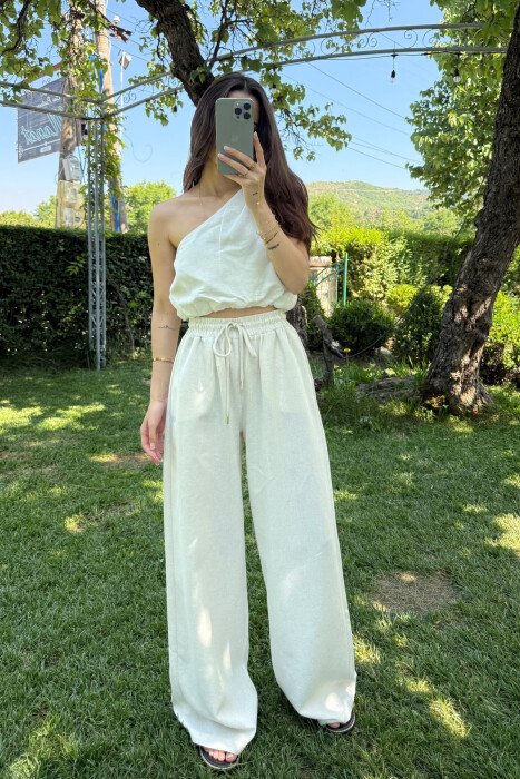 TANK TOP+TROUSERS ELASTIC SIMPLE WOMEN SET CREAM/KREM - KLAUDIO FASHION