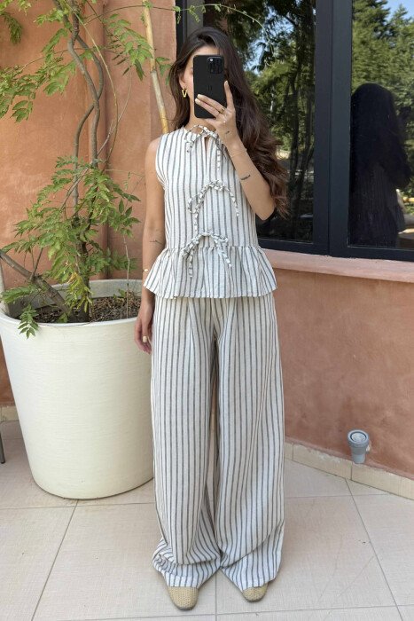 SET ME VIJA ME DETAJIN E LIDHSEVE KANATIERE+PANTALLONA PËR FEMRA NË NGJYRËN KREM - KLAUDIO FASHION