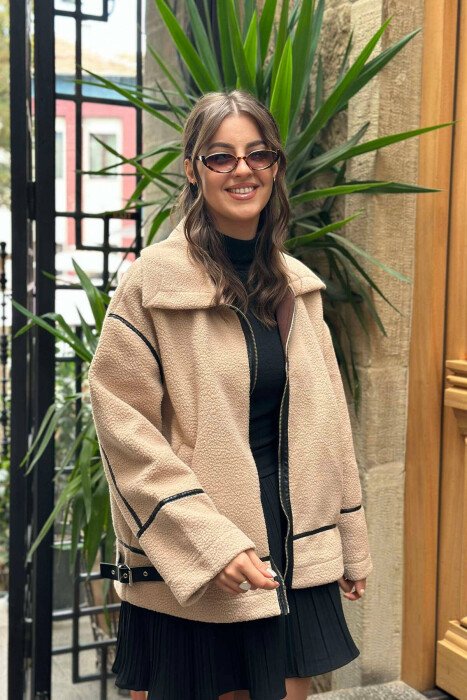 TEDDY BEAR BELTED WOMEN JACKET DARK BEIGE/BEZHE ERRET - KLAUDIO FASHION