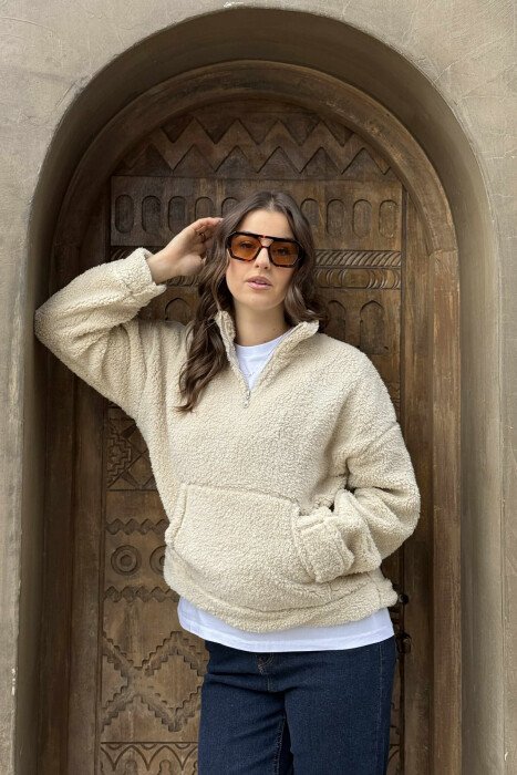 TEDDY BEAR ZIPPER WOMAN SWEATSHIRT BEIGE/BEZHE - KLAUDIO FASHION