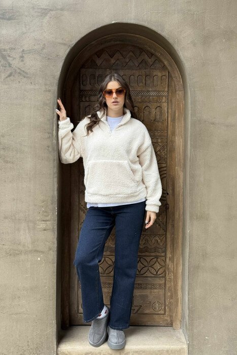 TEDDY BEAR ZIPPER WOMAN SWEATSHIRT CREAM/KREM - KLAUDIO FASHION