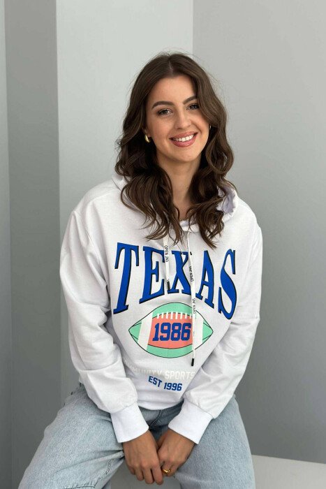 TEXAS FRONT DESIGN WOMEN HOODIE WHITE-E BARDHE - KLAUDIO FASHION