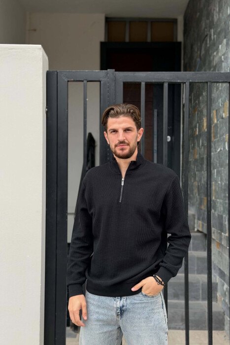 TEXTURED ONE COLOR ZIPPER NECK MEN SWEATSHIRT BLACK/ E ZEZE - KLAUDIO FASHION