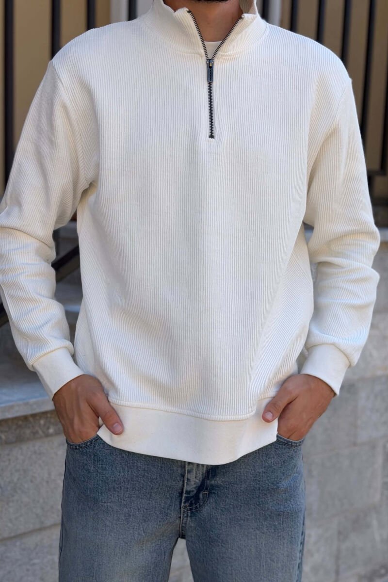 TEXTURED ONE COLOR ZIPPER NECK MEN SWEATSHIRT WHITE-E BARDHE - 2