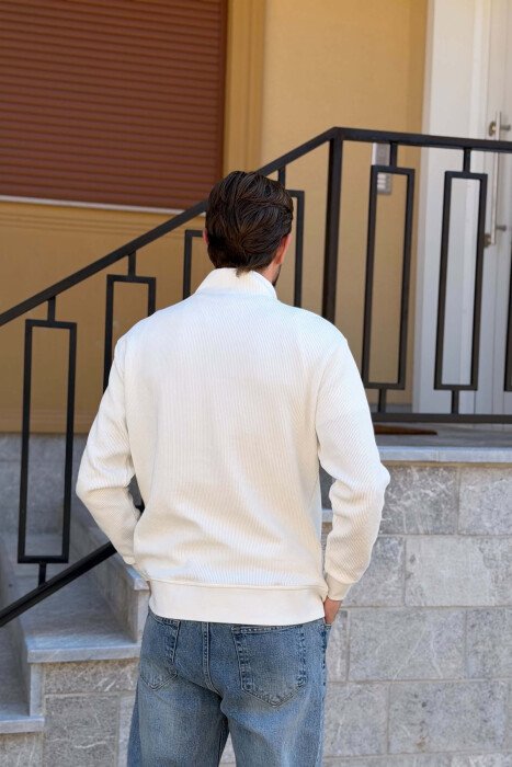 TEXTURED ONE COLOR ZIPPER NECK MEN SWEATSHIRT WHITE-E BARDHE - 3
