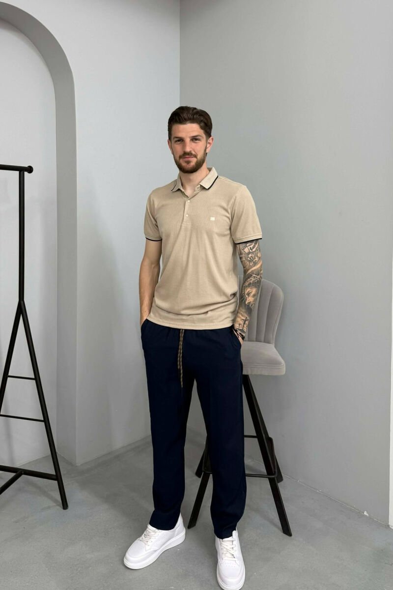 TEXTURED POLO NECK MEN T SHIRT BEIGE/BEZHE - 3
