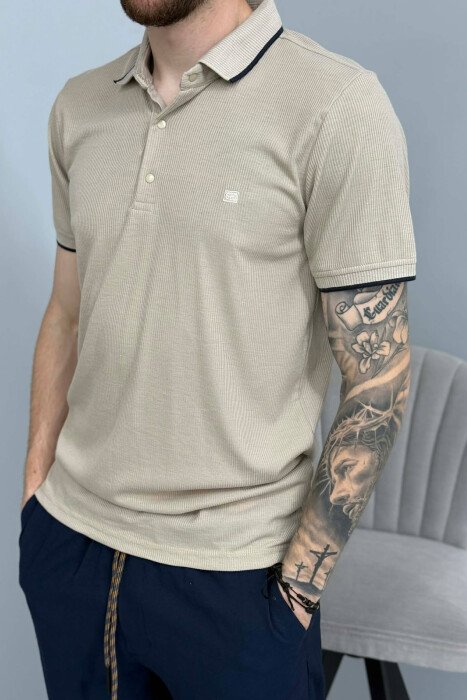 TEXTURED POLO NECK MEN T SHIRT BEIGE/BEZHE - 4