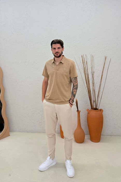 TEXTURED POLO NECK MEN T-SHIRT BEIGE/BEZHE - 3