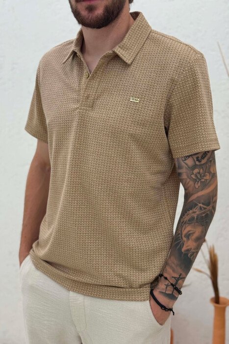 TEXTURED POLO NECK MEN T-SHIRT BEIGE/BEZHE - 4