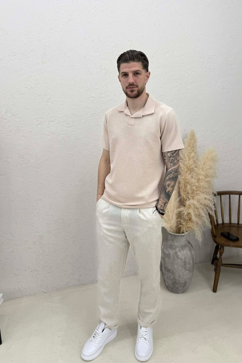 TEXTURED POLO NECK MEN T-SHIRT BEIGE/BEZHE - 2