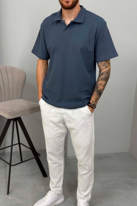 TEXTURED POLO NECK MEN T SHIRT BLUE/BLU - 4