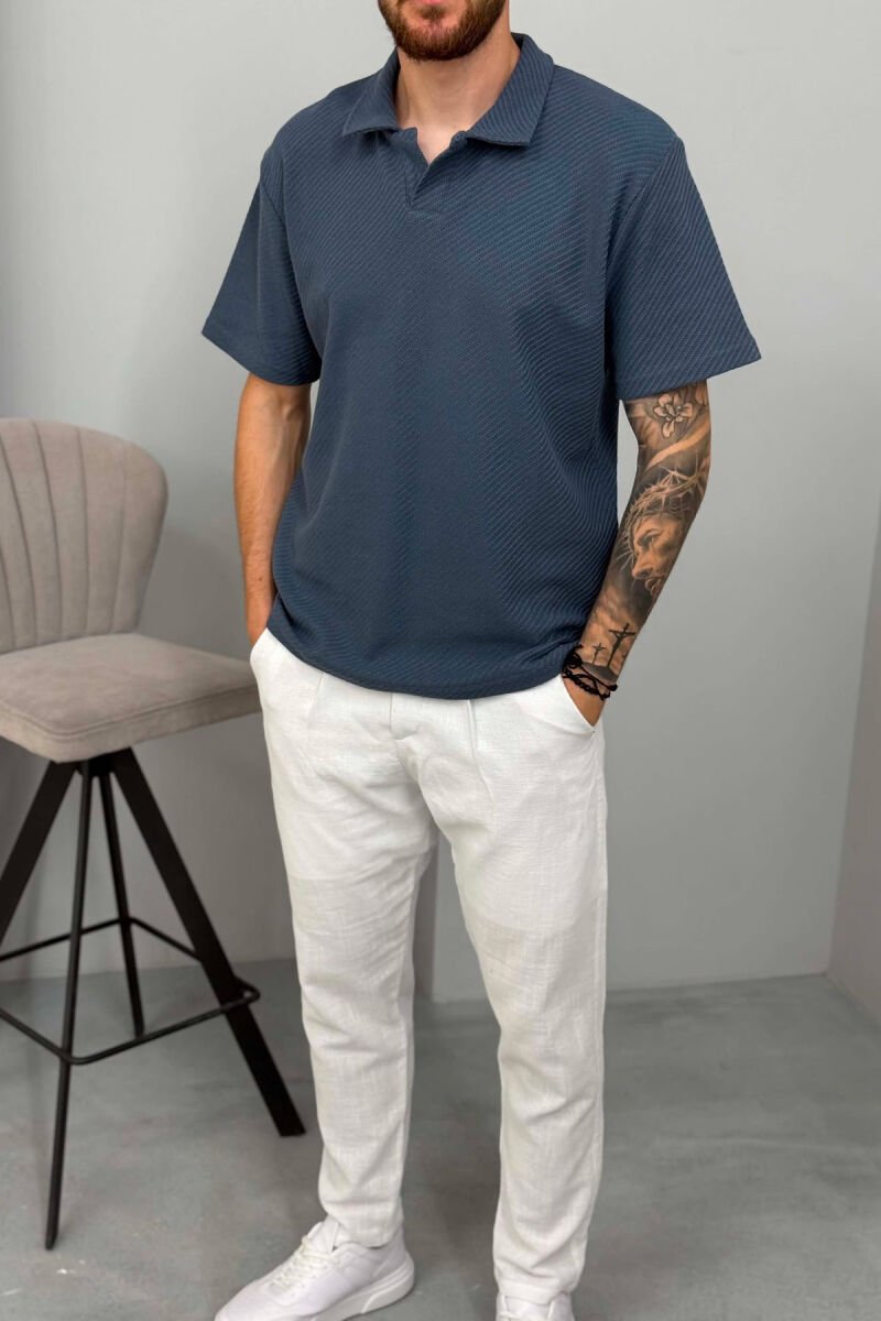 TEXTURED POLO NECK MEN T SHIRT BLUE/BLU - 4