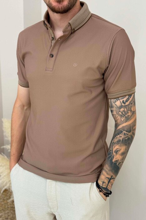 TEXTURED POLO NECK MEN T-SHIRT BROWN/KAFE - 4