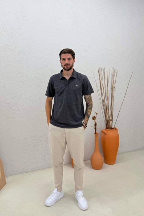 TEXTURED POLO NECK MEN T-SHIRT DARK GREY/GEE - 3