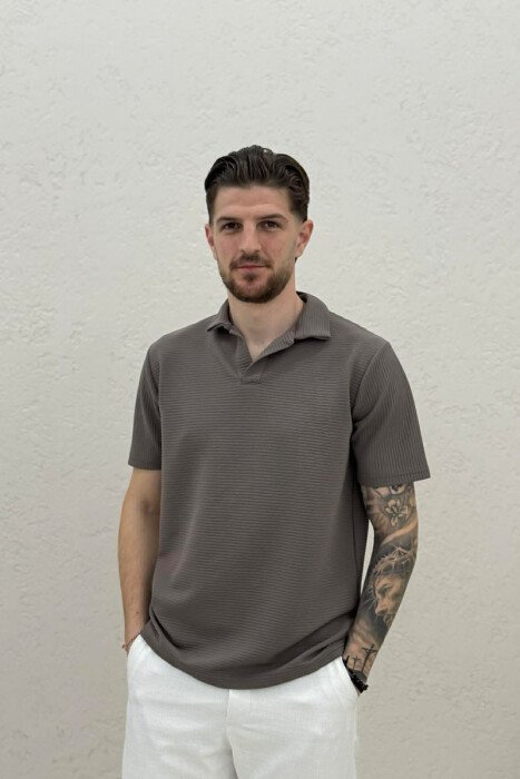 TEXTURED POLO NECK MEN T-SHIRT DARK GREY/GEE - 1