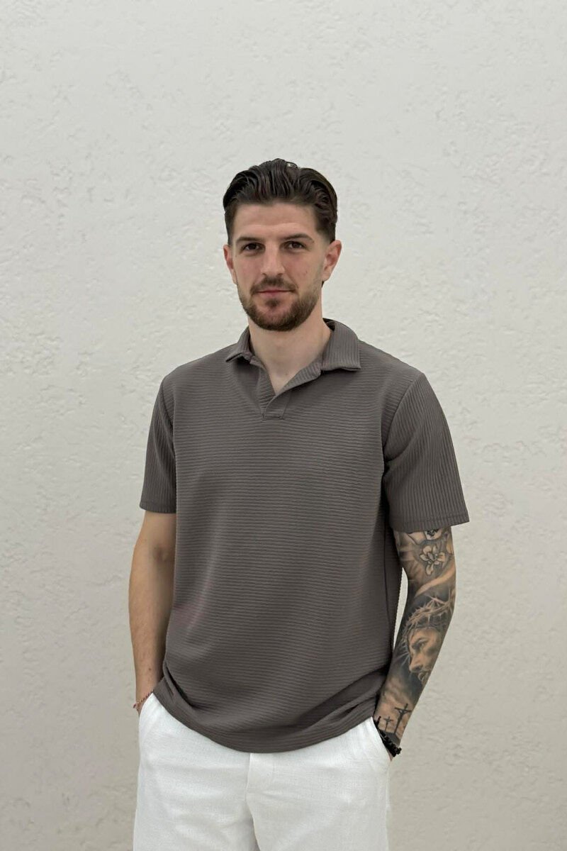 TEXTURED POLO NECK MEN T-SHIRT DARK GREY/GEE - 1