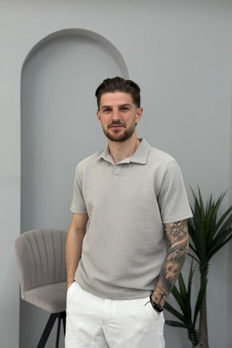 TEXTURED POLO NECK MEN T-SHIRT LIGHT GREY/GZ - 1
