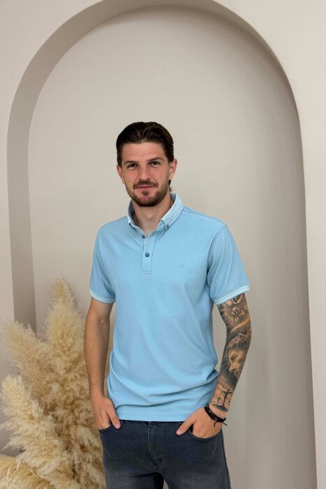 TEXTURED POLO NECK MEN T-SHIRT LIGHTBLUE/BZ - 1