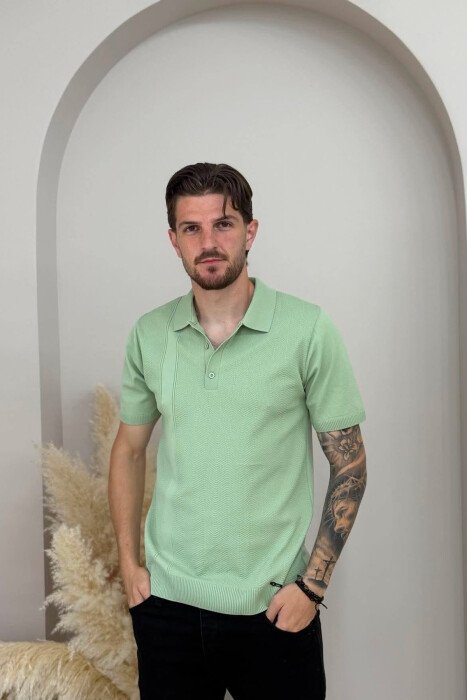 TEXTURED POLO NECK MEN T-SHIRT MINT/MENTE - KLAUDIO FASHION