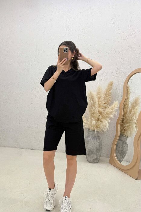 TEXTURED POLO NECK T-SHIRT + SHORTS WOMAN SET BLACK/ E ZEZE - KLAUDIO FASHION