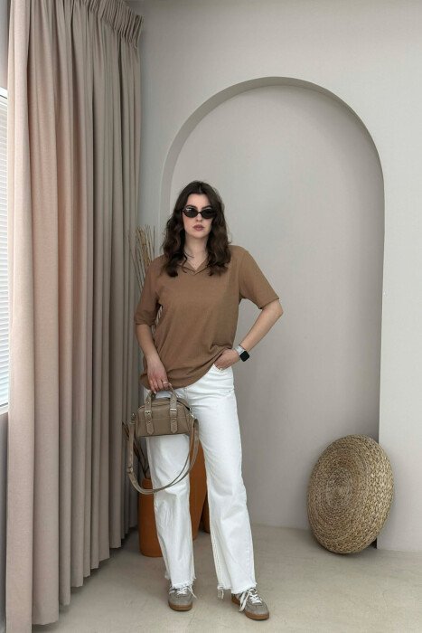 TEXTURED POLO NECK WOMAN T-SHIRT + 6 PAIR SOCKS BEIGE/BEZHE - 4
