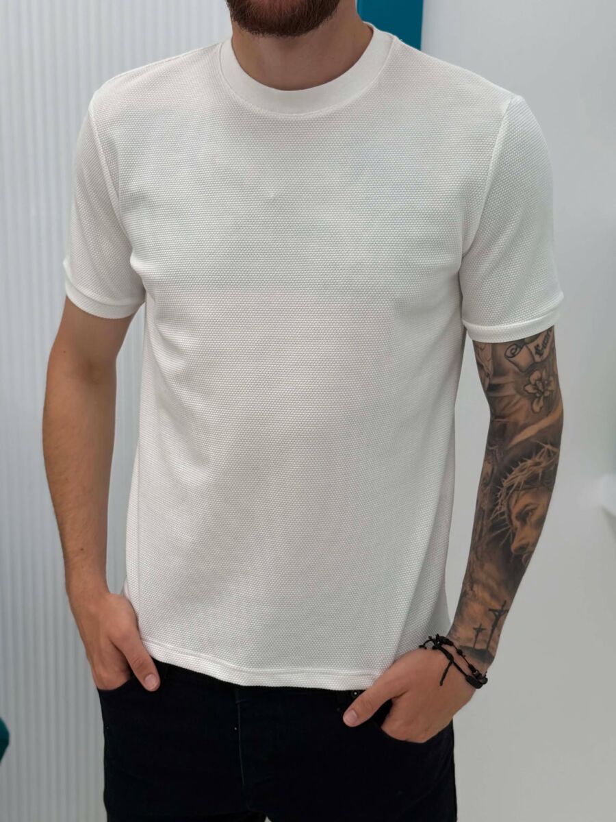 TEXTURED ROUND NECK MEN T-SHIRT WHITE-E BARDHE - 4