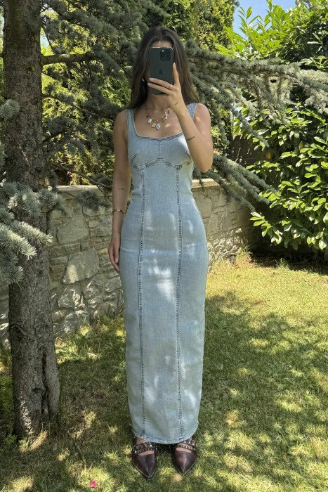 THICK STRAPS LONG DENIM WOMEN DRESS LIGHTBLUE/BZ - 1