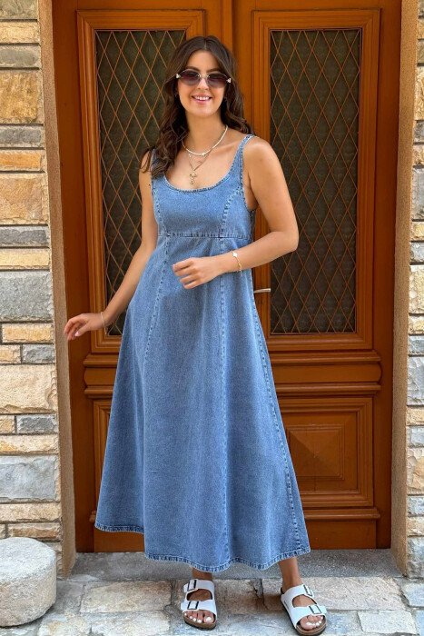 THICK STRAPS LONG DENIM WOMEN DRESS LIGHTBLUE/BZ - 1
