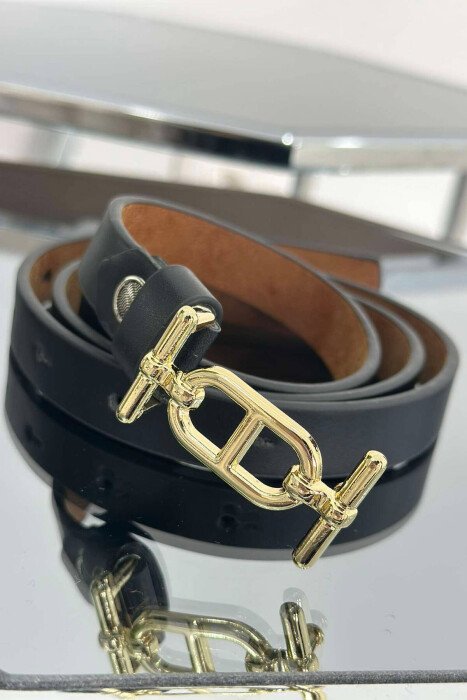 THIN LEATHER SPECIAL BUCKLE DESIGN WOMEN BELT BLACK+GOLD/ZEGO - KLAUDIO FASHION