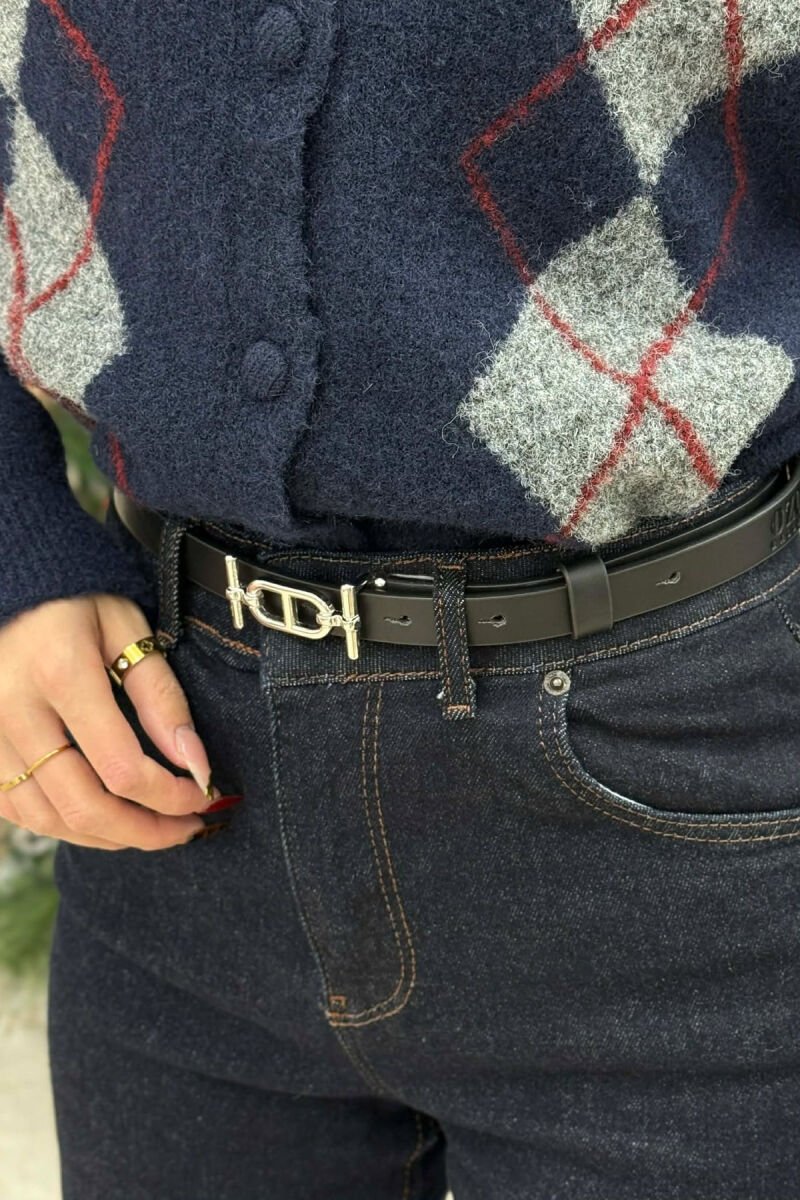 THIN LEATHER SPECIAL BUCKLE DESIGN WOMEN BELT BLACK+SILVER/ZEZE+ARGJEND - 1