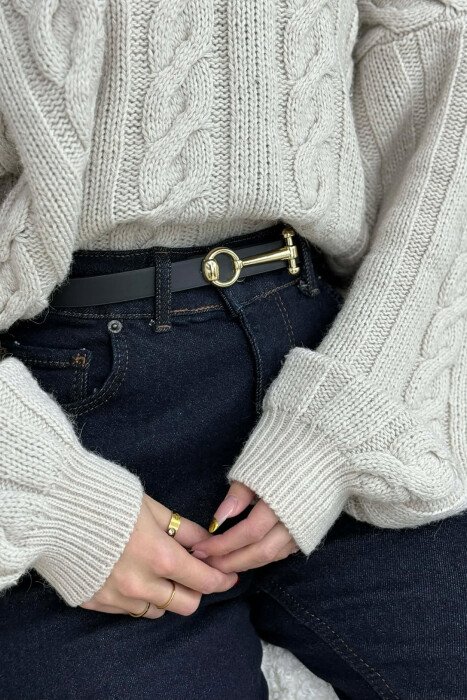 THIN LEATHER WOMEN BELT BLACK+GOLD/ZEGO 