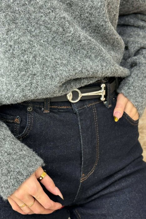 THIN LEATHER WOMEN BELT BLACK+SILVER/ZEZE+ARGJEND - KLAUDIO FASHION